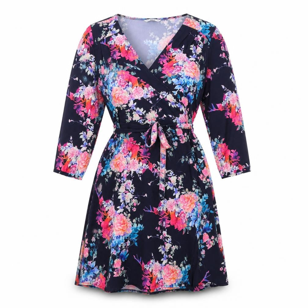 Front view of Only women’s blue floral polyester a-line, size UK 14, v-neck pullover