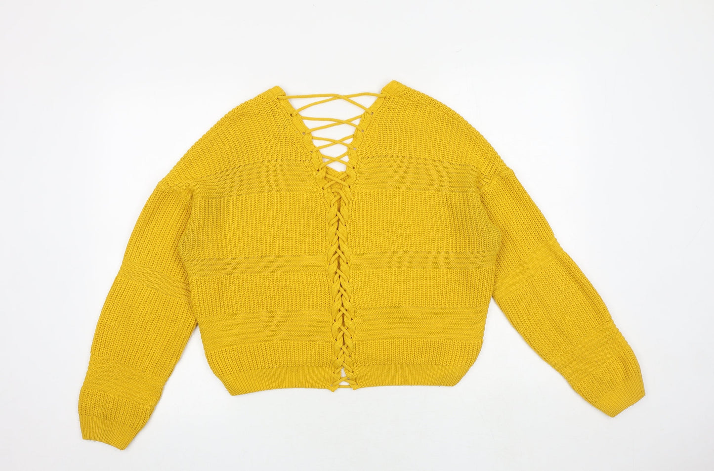 Miss Selfridge Womens Yellow V-Neck Acrylic Pullover Jumper Size 8