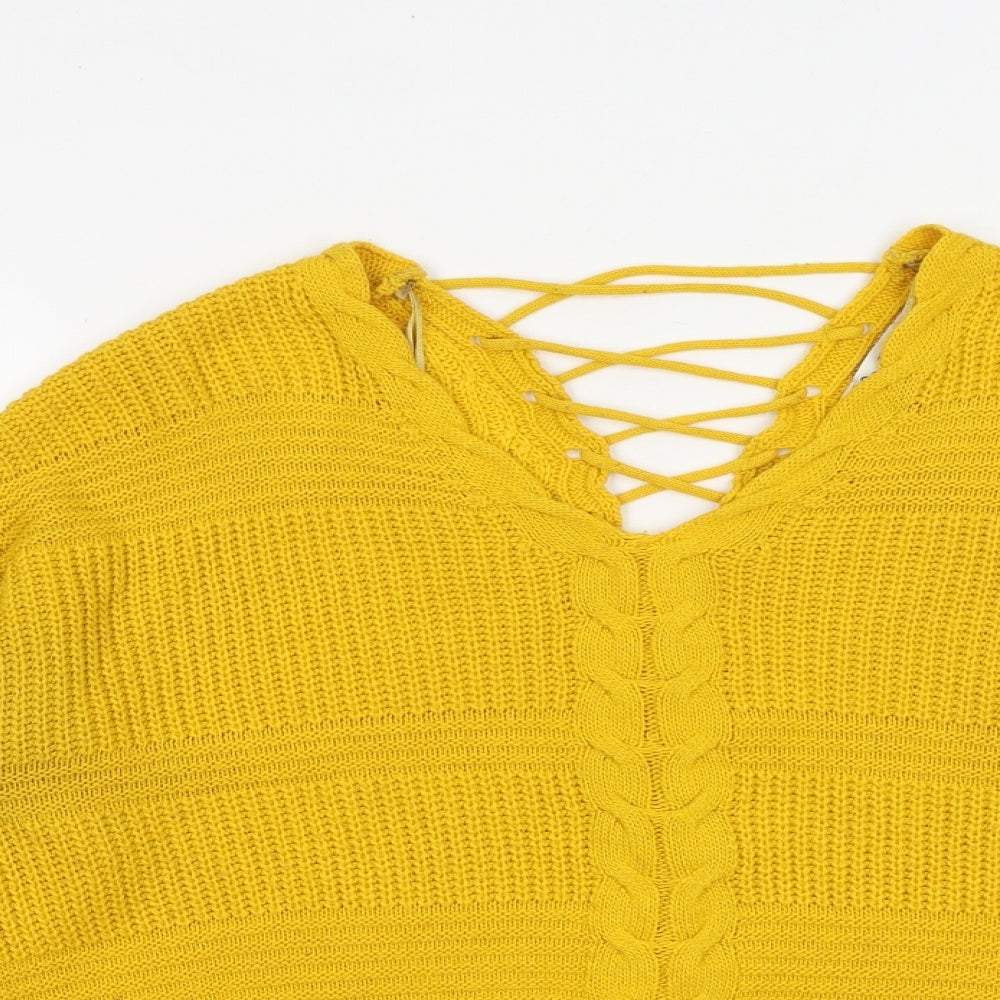 Miss Selfridge Womens Yellow V-Neck Acrylic Pullover Jumper Size 8