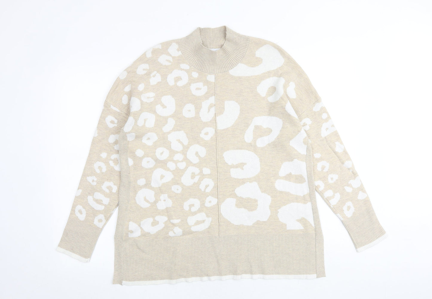 Mud Flowers Womens Beige High Neck Animal Print 100% Cotton Pullover Jumper Size M - Leopard Print