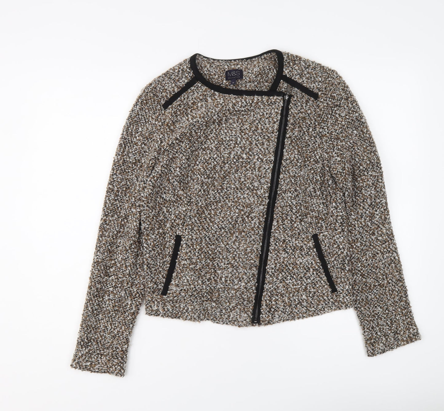 Marks and Spencer Womens Brown Geometric Biker Jacket Size 12 Zip