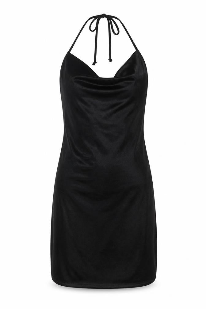 Front view of Missguided women’s black polyester slip dress, size UK 4, halter tie
