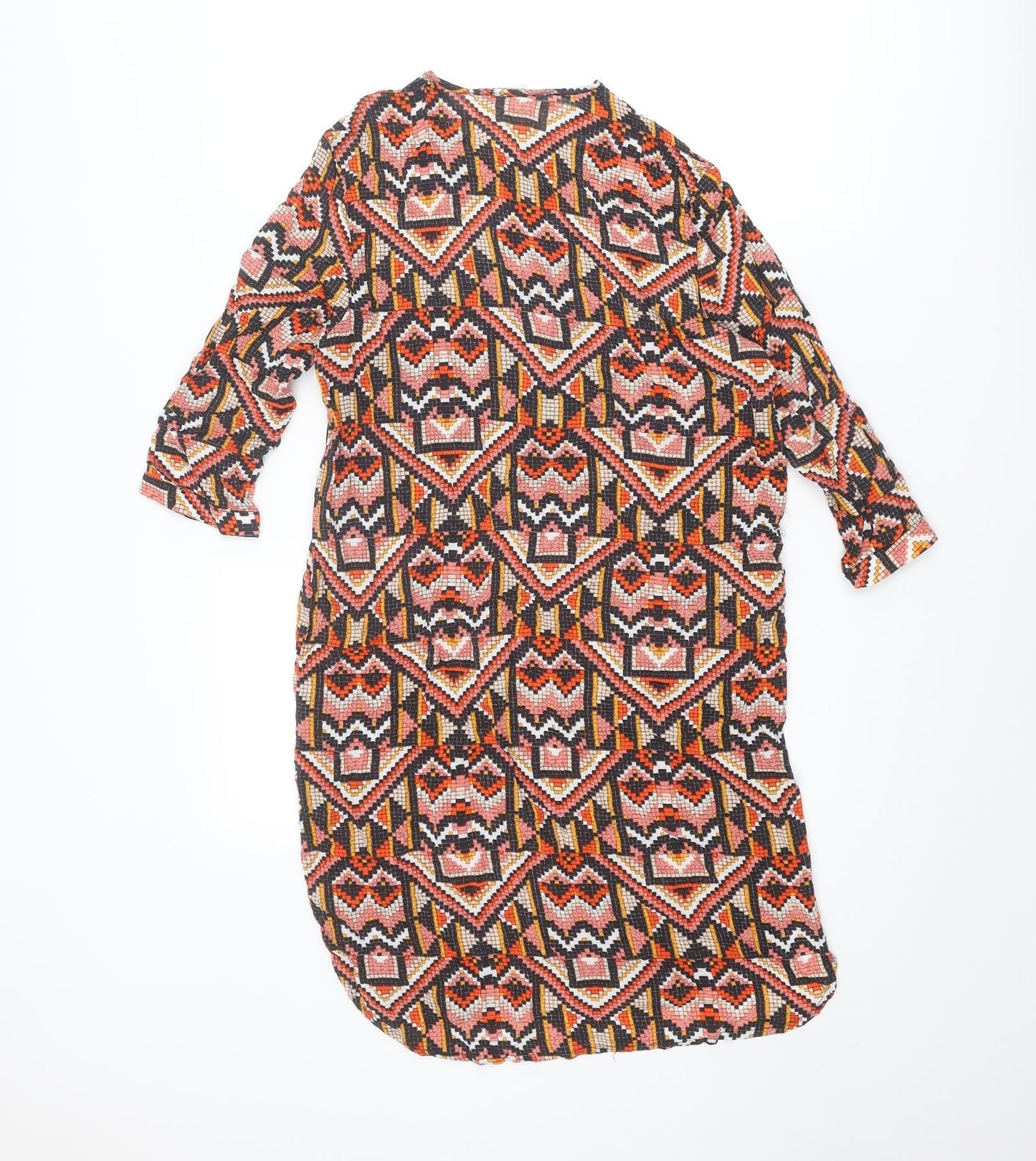 H&M Womens Multicoloured Geometric Viscose A-Line Size 8 Round Neck Button