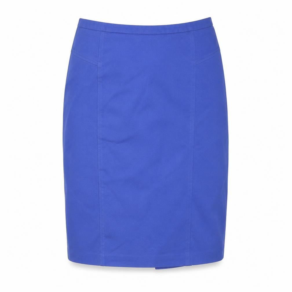 Front view of PURE Collection women’s blue viscose straight & pencil skirt, size UK 12, zip