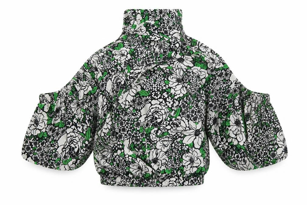 Topshop Womens Green Floral Cotton Cropped Blouse Size 16 One Shoulder