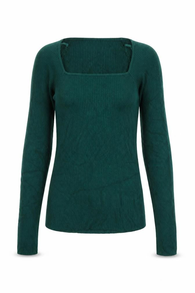 Front view of Miss Selfridge women’s green square neck viscose jumper, size UK 6