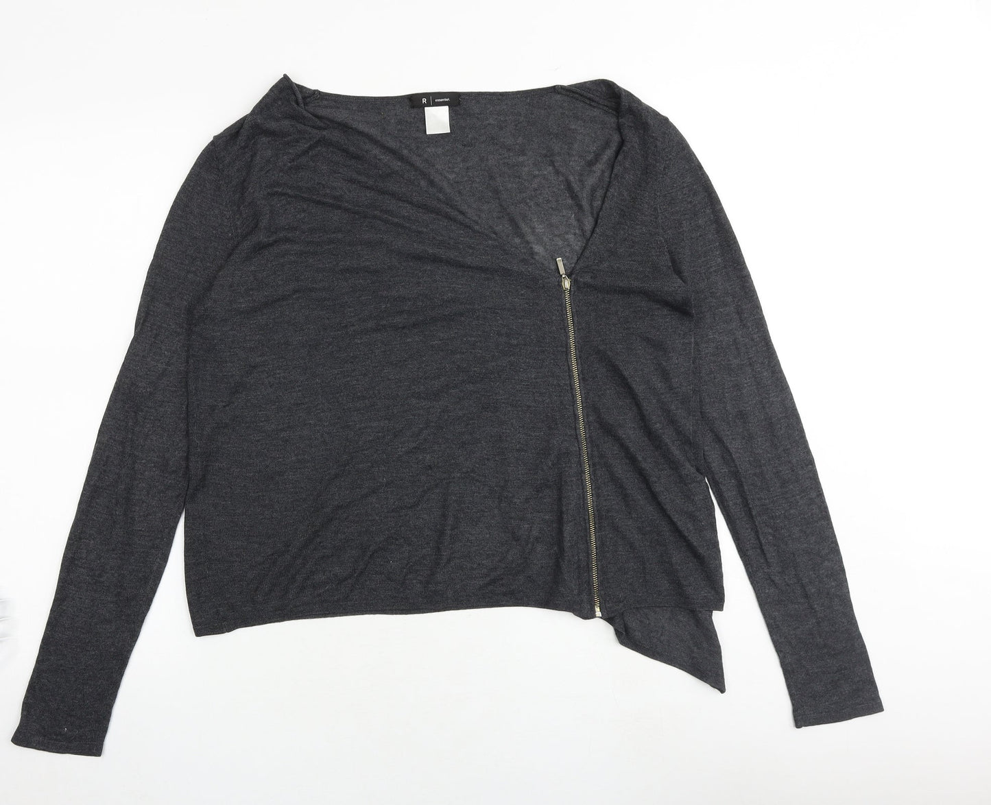 R Essential Womens Grey V-Neck Polyester Full Zip Jumper Size 12