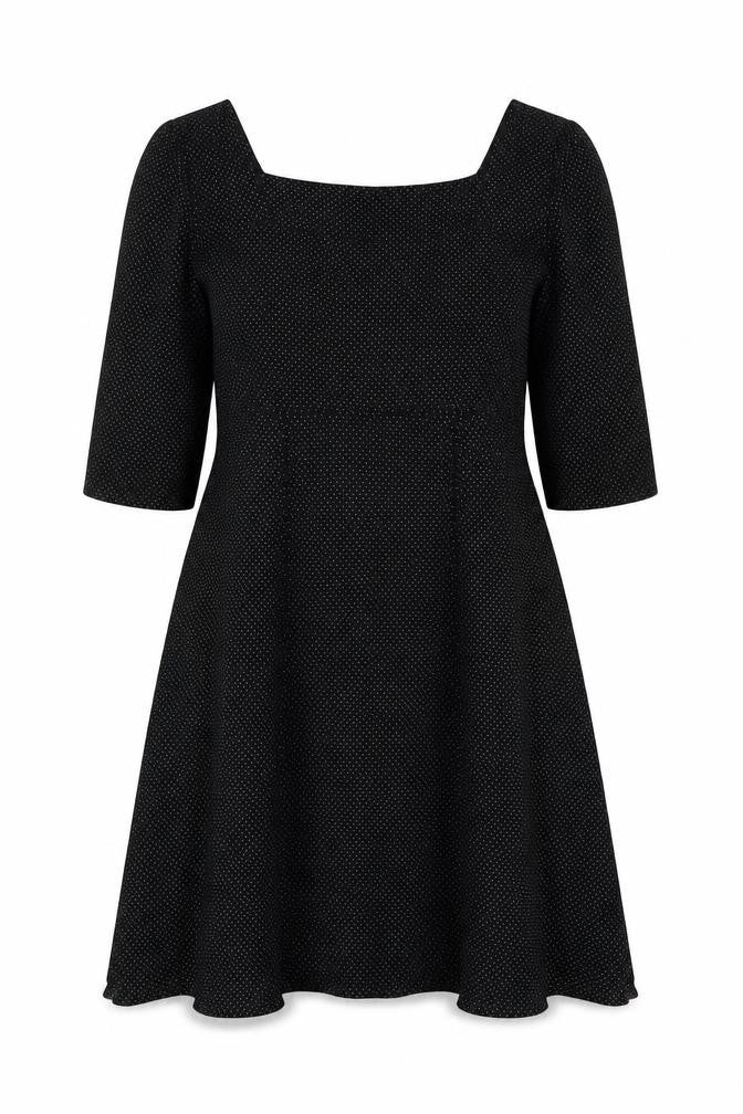 Front view of Cooperative women’s black polka dot viscose trapeze & swing, size S, round neck pullover