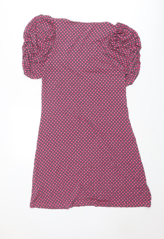 NEXT Womens Pink Geometric Viscose Shift Size 10 V-Neck Pullover - Puff Sleeve