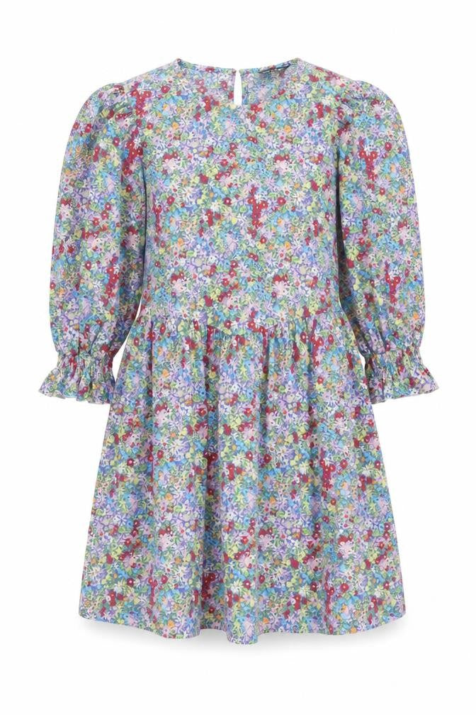 Front view of Miss Selfridge women’s multicoloured floral polyester a-line, size UK 14, round neck button