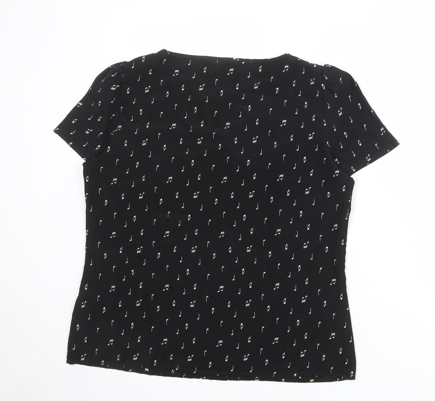 Marks and Spencer Womens Black Geometric Polyester Basic T-Shirt Size 10 Round Neck - Musical Note Pattern