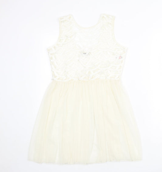 Miss Selfridge Womens Ivory Geometric Polyester Fit & Flare Size 6 Round Neck