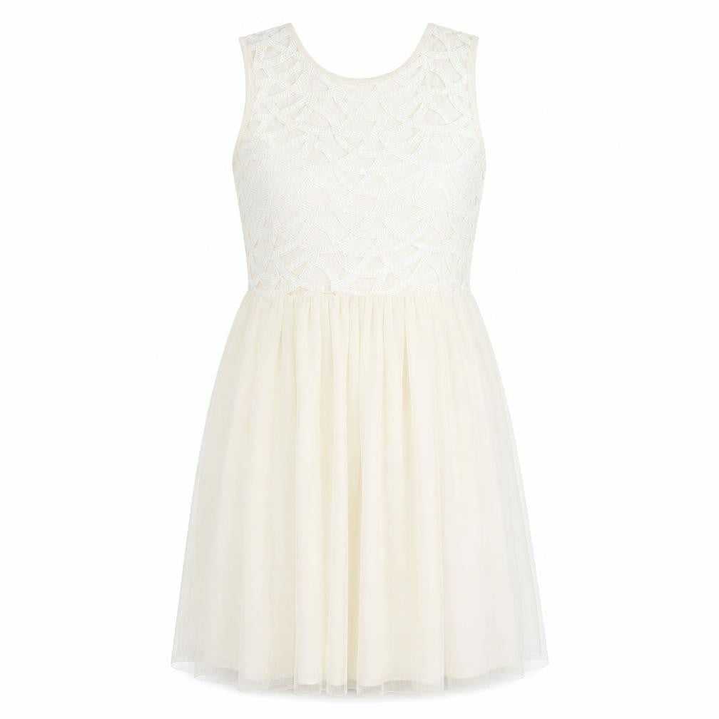 Front view of Miss Selfridge women’s ivory geometric polyester fit & flare, size UK 6, round neck