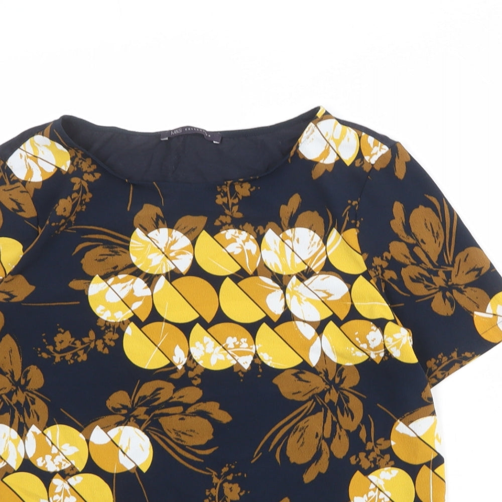 Marks and Spencer Womens Blue Geometric Polyester Basic Blouse Size 12 Boat Neck