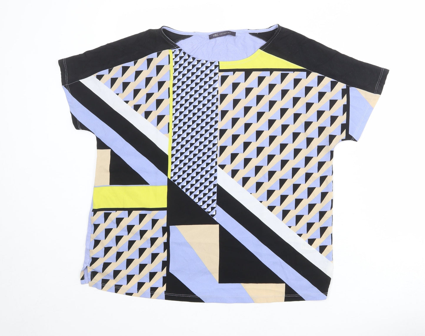 Marks and Spencer Womens Multicoloured Geometric Polyester Basic T-Shirt Size 14 Boat Neck
