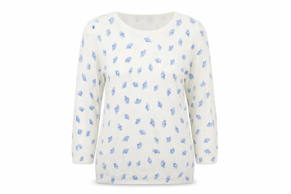 Marks and Spencer Womens White Round Neck Geometric Viscose Pullover Jumper Size 12 - Spanish Fan Print