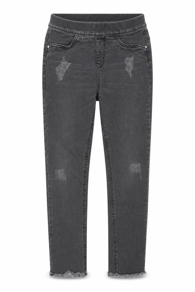 Front view of Denim & Co. girls’ grey cotton skinny jeans, size 10-11, years regular pullover