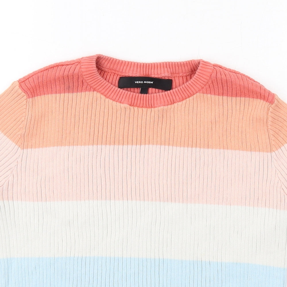 VERO MODA Womens Multicoloured Round Neck Striped Cotton Pullover Jumper Size L
