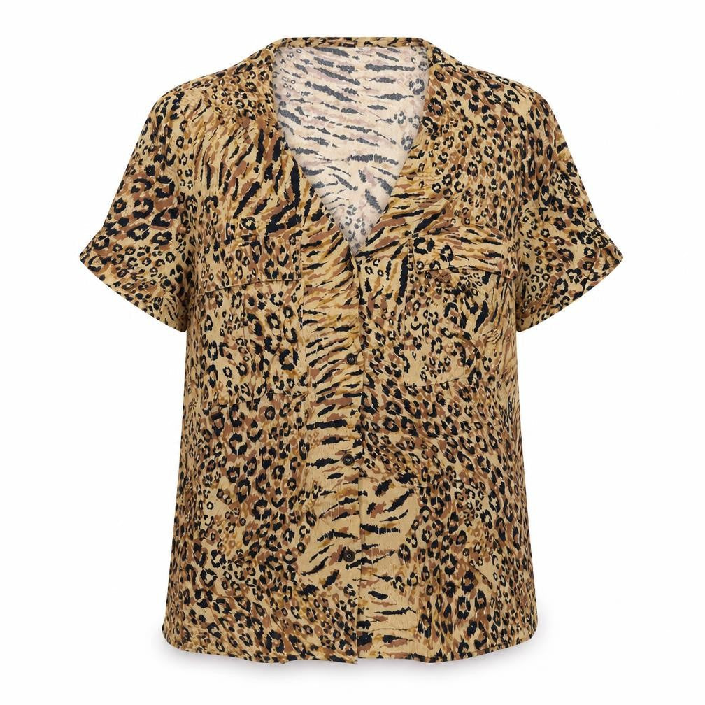 Warehouse Womens Beige Animal Print Viscose Basic Button-Up Size 14 Round Neck - Leopard Print