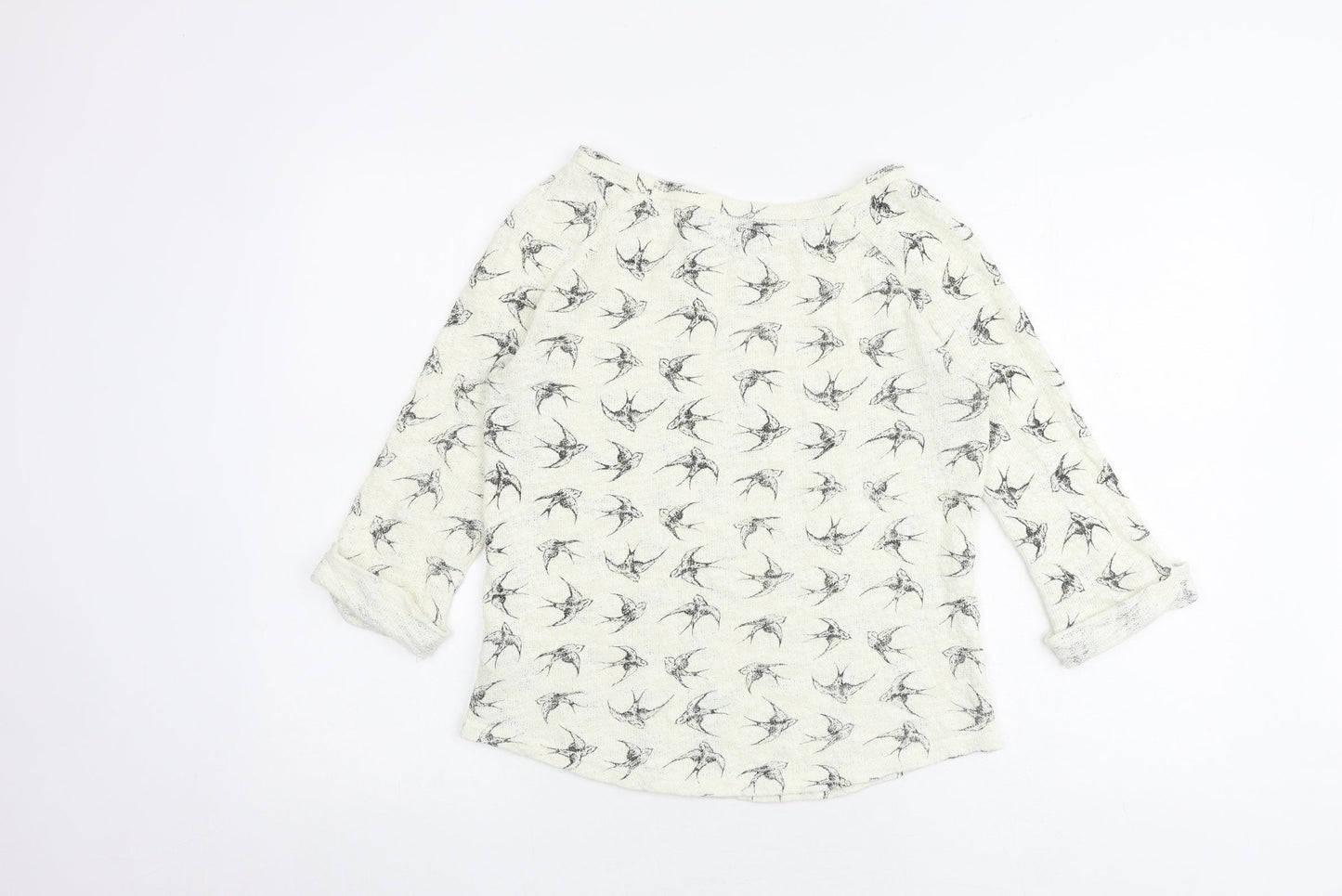 New Look Womens Ivory Boat Neck Geometric Cotton Pullover Jumper Size 8 - Bird pattern