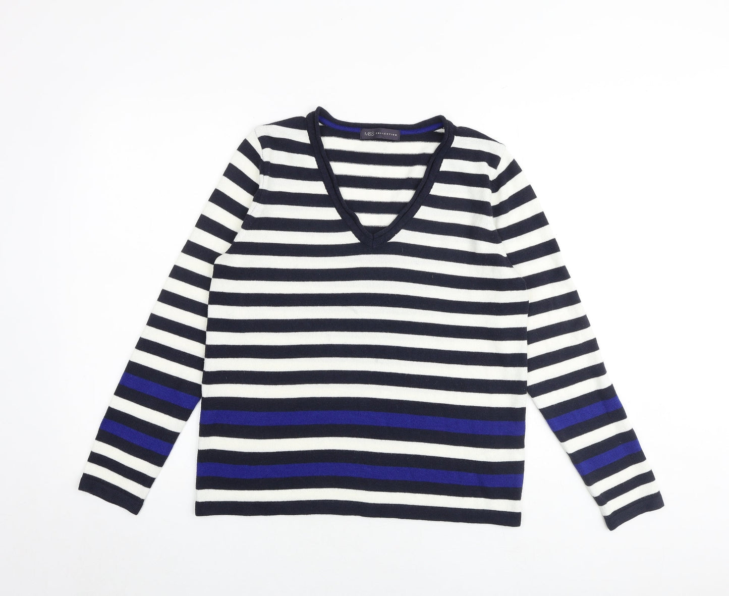 Marks and Spencer Womens Multicoloured V-Neck Striped Acrylic Pullover Jumper Size 14