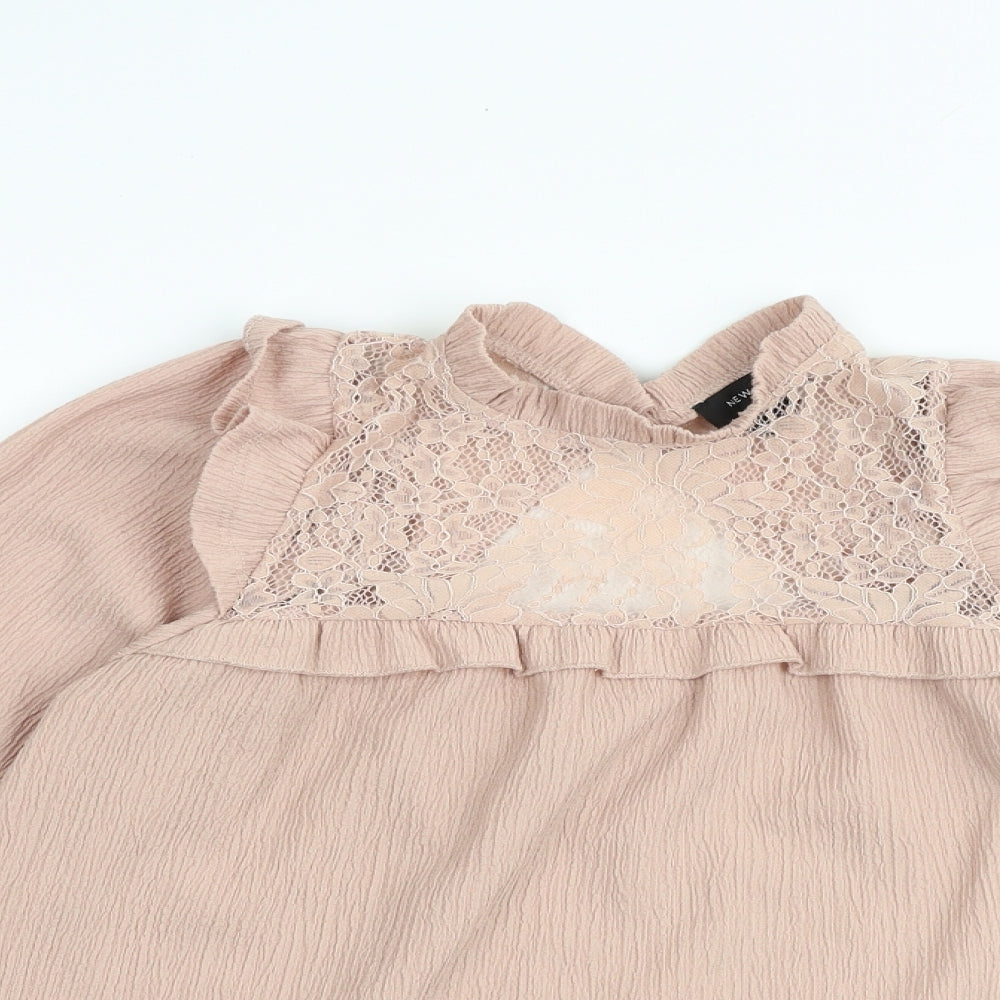 New Look Womens Pink Polyester Basic Blouse Size 6 Mock Neck - Lace Details