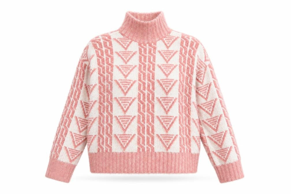 Front view of Fashion Union women’s pink mock neck geometric acrylic jumper, size UK 8