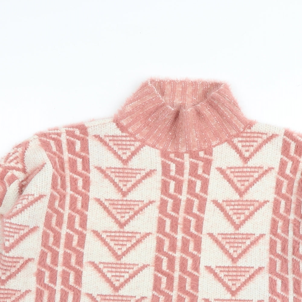 Fashion Union Womens Pink Mock Neck Geometric Acrylic Pullover Jumper Size 8