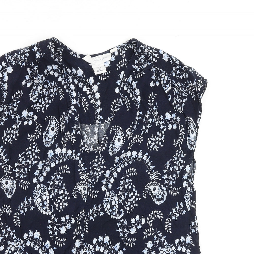 H&M Womens Blue Paisley Viscose Basic Blouse Size 8 V-Neck