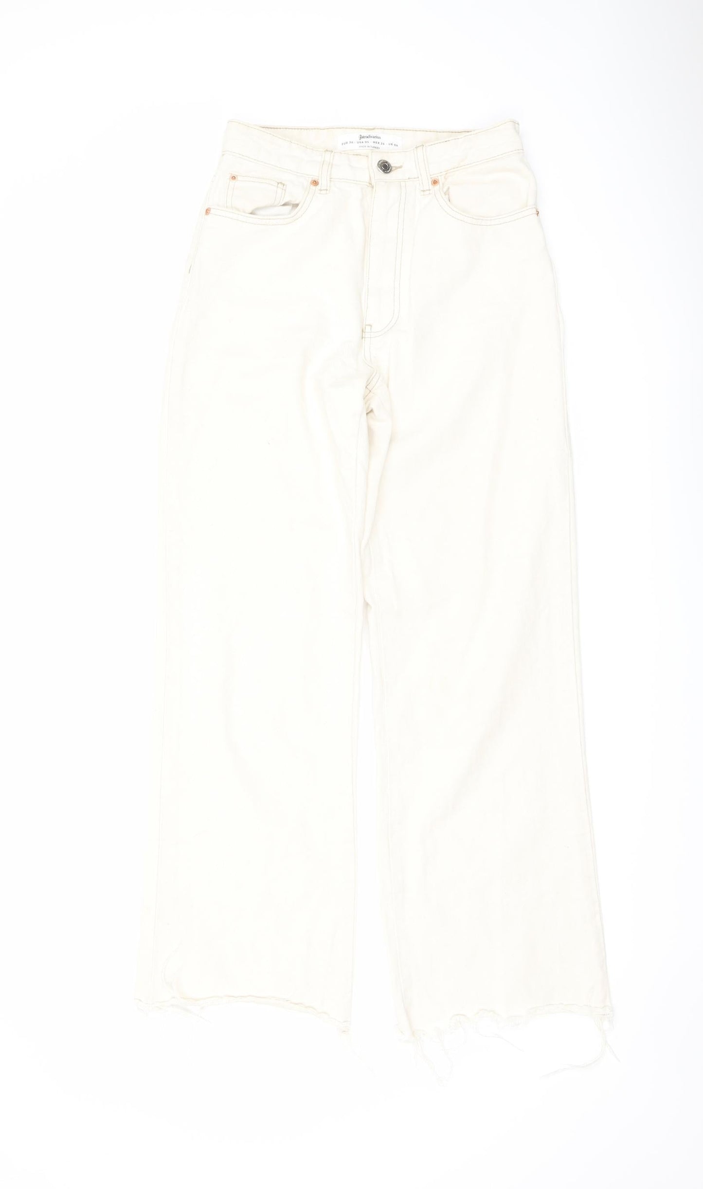 Stradivarius Womens Ivory Cotton Straight Jeans Size 8 L29 in Regular Button - Frayed Hem