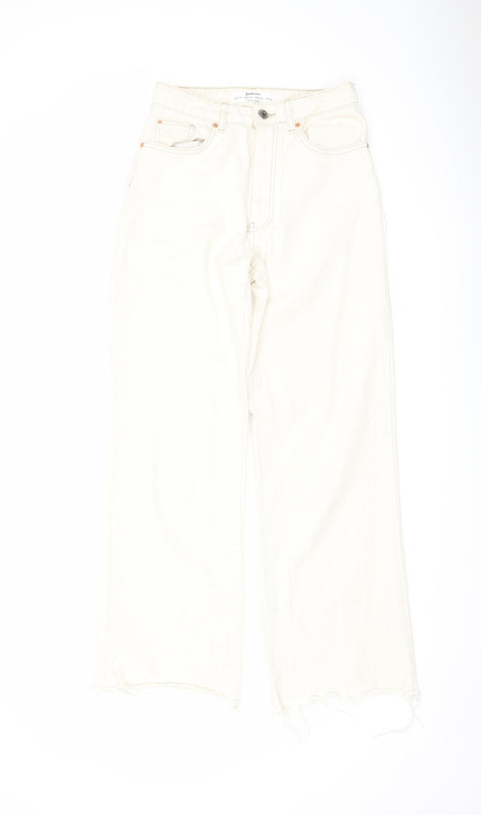 Stradivarius Womens Ivory Cotton Straight Jeans Size 8 L29 in Regular Button - Frayed Hem