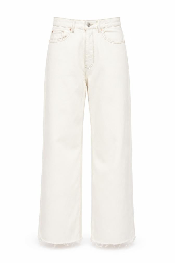 Stradivarius Womens Ivory Cotton Straight Jeans Size 8 L29 in Regular Button - Frayed Hem