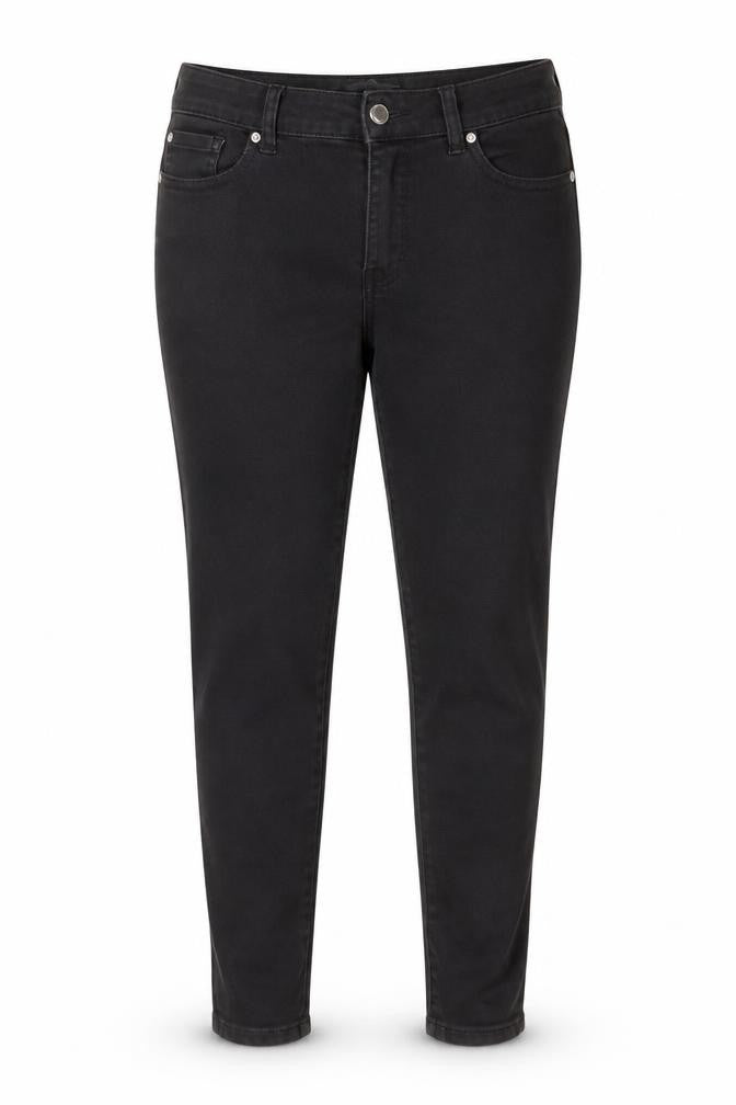 Front view of Denim & Co. women’s black cotton skinny jeans, size UK 14, 26-inch leg regular button