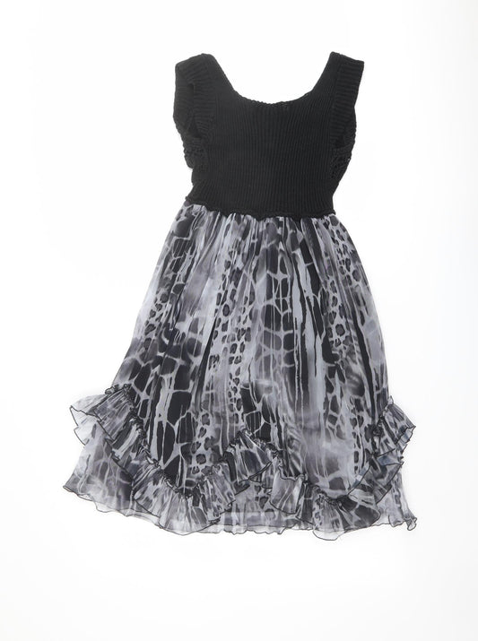 Emphasis Womens Black Animal Print Polyester Fit & Flare Size M Scoop Neck Pullover - Crochet Top