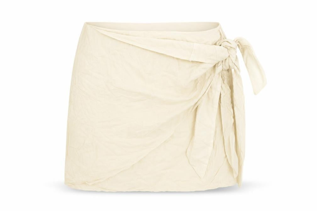 Front view of ASOS women’s beige viscose mini skirt, size UK 8, zip