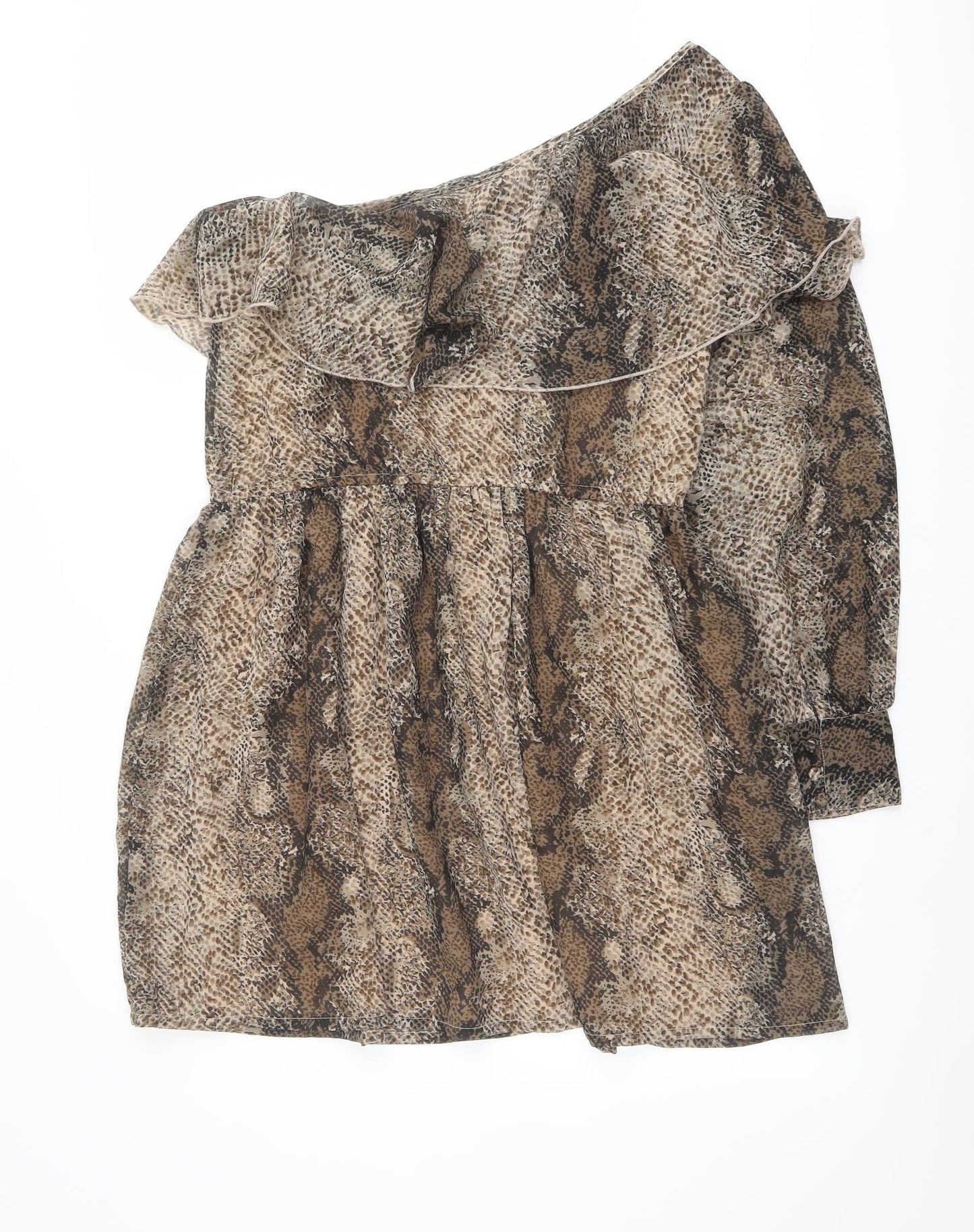 New Look Womens Brown Animal Print Polyester Fit & Flare Size 10 One Shoulder Pullover - Snake Print