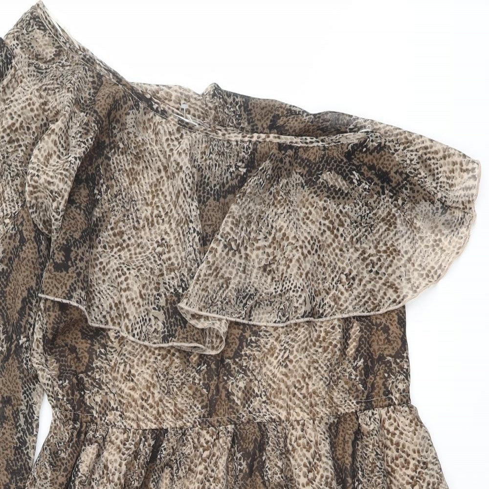 New Look Womens Brown Animal Print Polyester Fit & Flare Size 10 One Shoulder Pullover - Snake Print