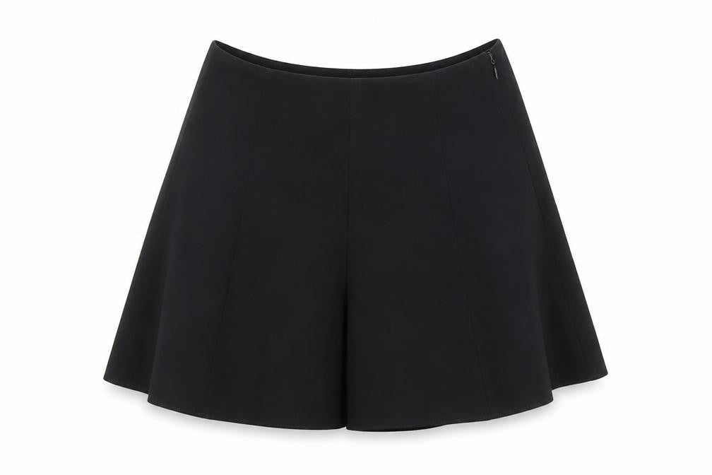 Front view of Miss Selfridge women’s black polyester culotte shorts, size UK 8, regular zip