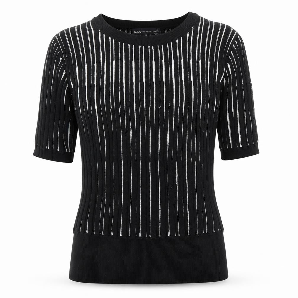 Marks and Spencer Womens Black Round Neck Striped Viscose Pullover Jumper Size 12