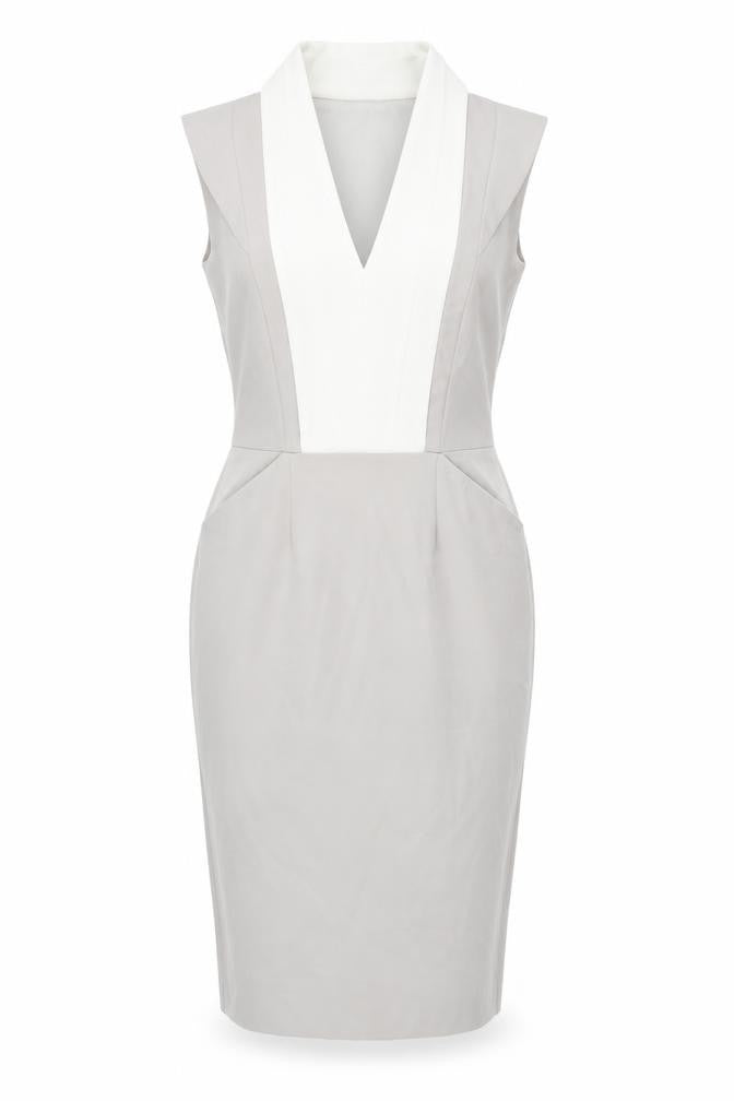Front view of ASOS women’s grey colourblock polyester pencil dress, size UK 8, v-neck zip