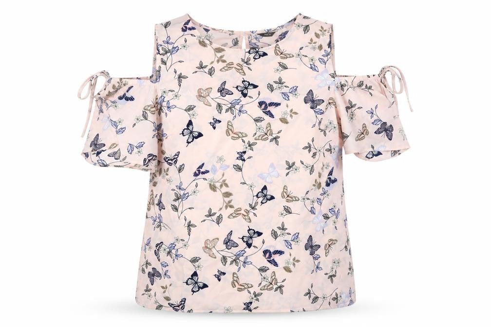 M&Co Womens Pink Geometric Polyester Basic Blouse Size 12 Round Neck - Butterfly Pattern Cold Shoulder