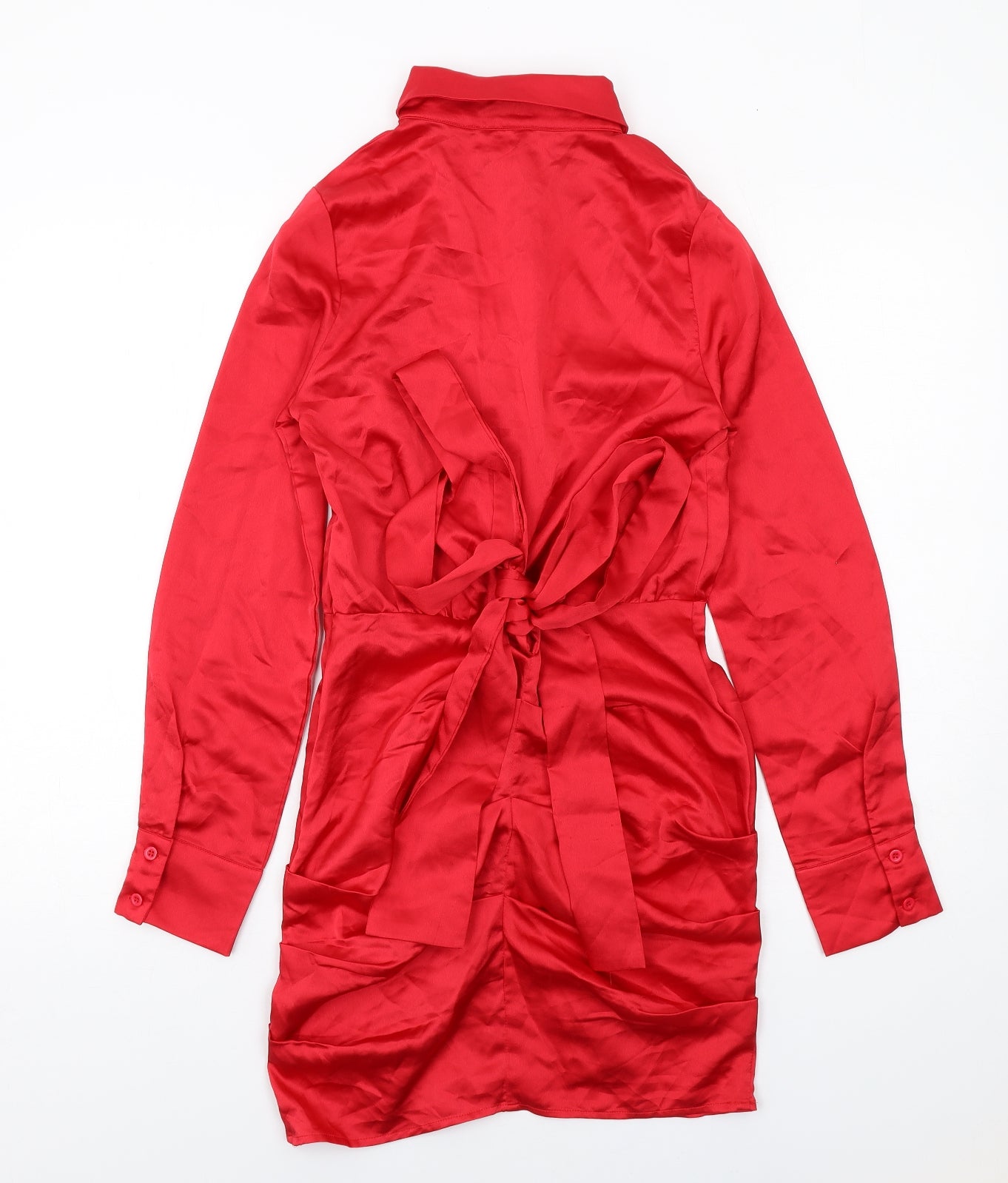 PRETTYLITTLETHING Womens Red Polyester Shirt Dress Size 8 Collared Button