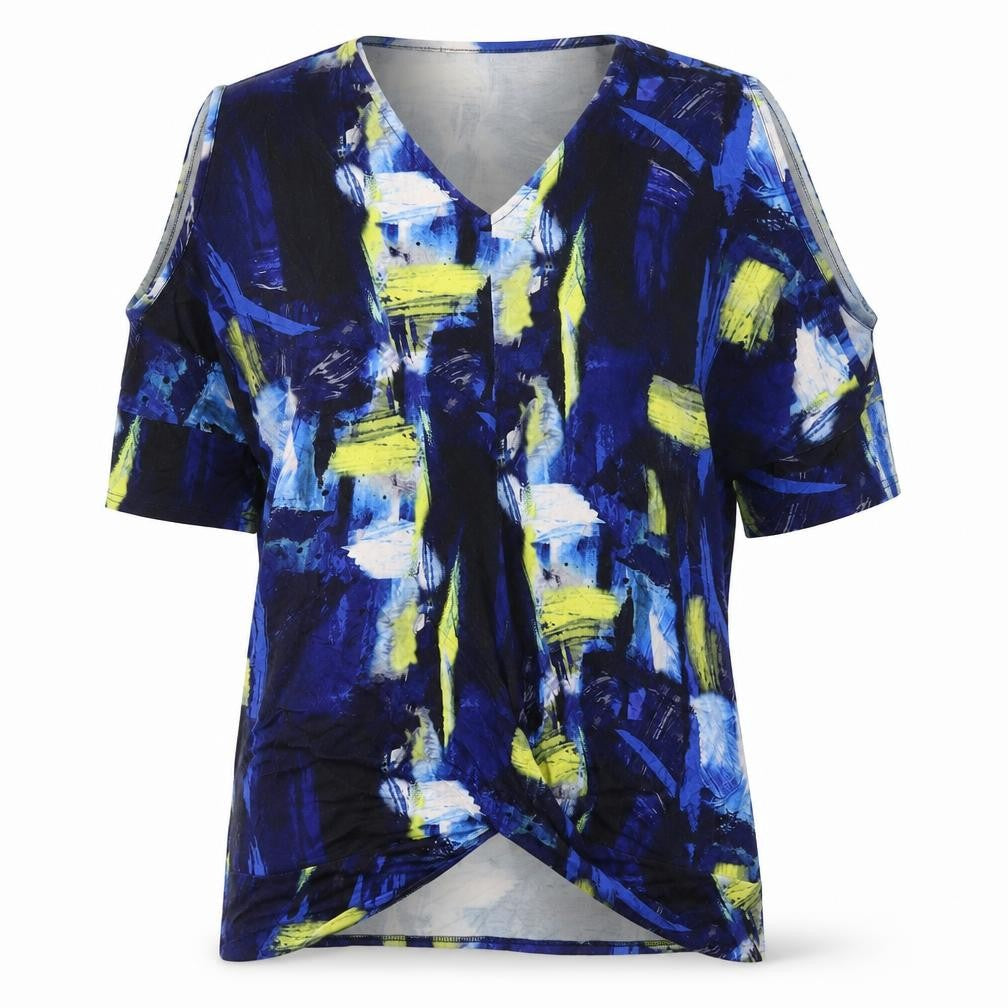 MARBLE Womens Blue Geometric Viscose Basic T-Shirt Size M V-Neck - Cold Shoulder Detail