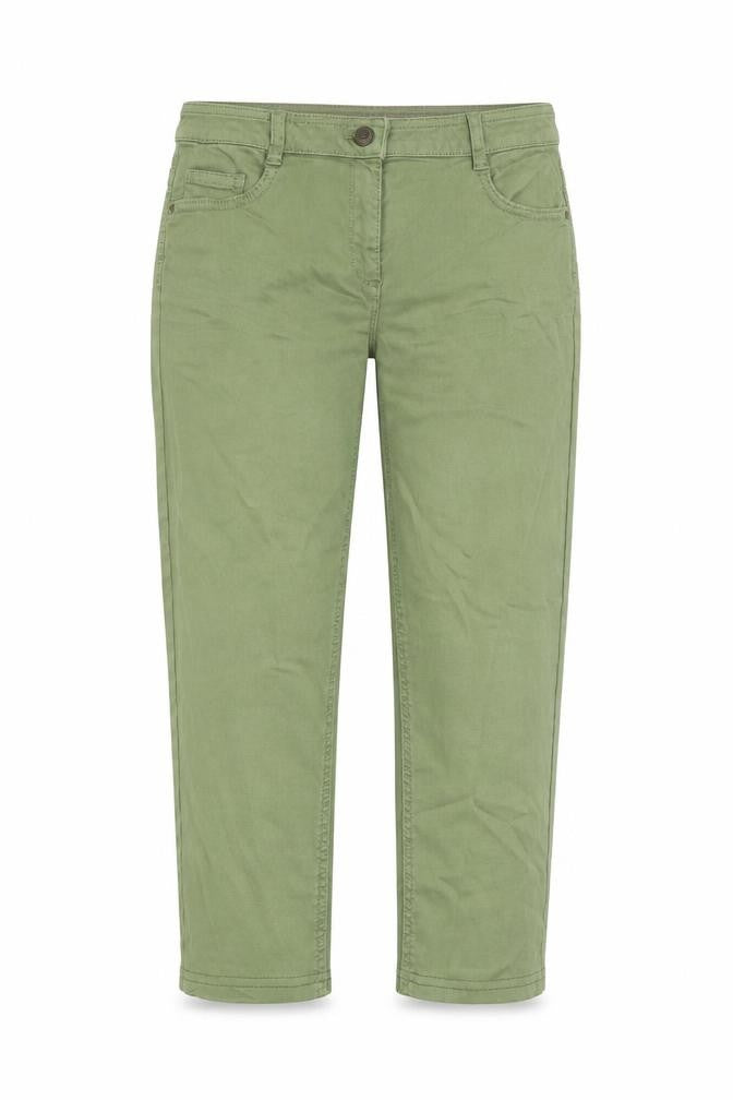 Front view of EDC women’s green cotton skinny jeans, size UK 12, regular zip