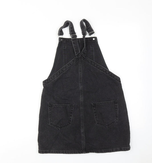 Topshop Womens Black Cotton Pinafore/Dungaree Dress Size 8 Square Neck Buckle