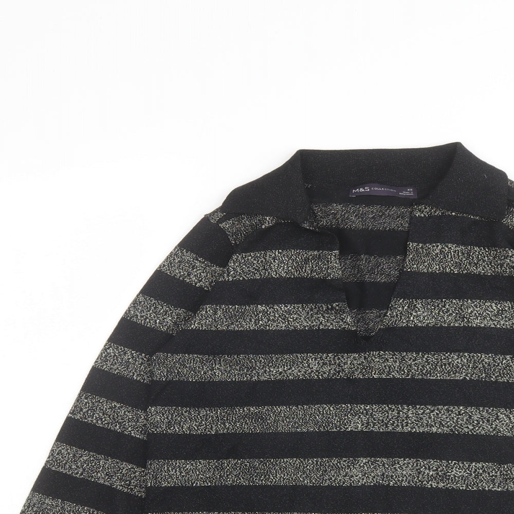 Marks and Spencer Womens Black Collared Striped Viscose Pullover Jumper Size XS