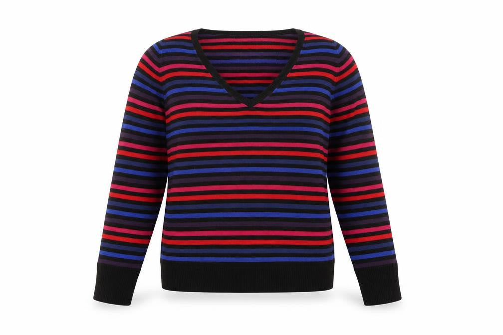 Marks and Spencer Womens Multicoloured V-Neck Striped Acrylic Pullover Jumper Size 14