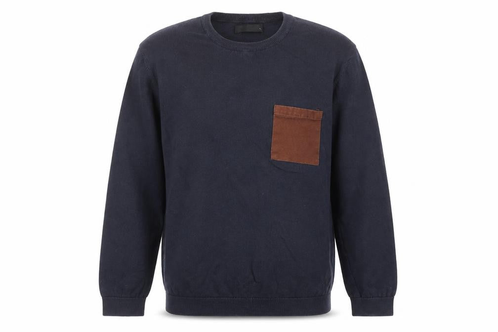 Front view of ASOS men’s blue round neck cotton jumper, size M, long sleeve