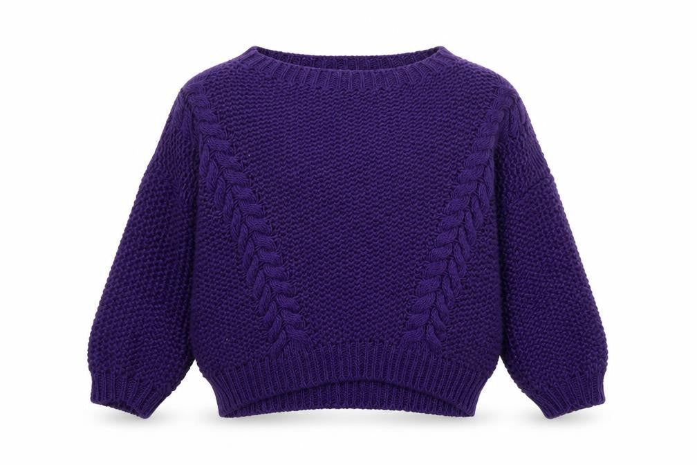 Front view of Isabella D. women’s purple boat neck acrylic jumper, size S