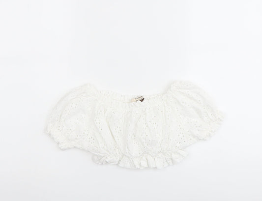 Pull&Bear Womens White Cotton Cropped Blouse Size S Off the Shoulder - Broderie Anglaise